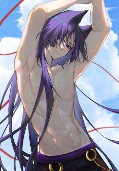 Rule 34 | 1boy, abs, aged up, alternate hairstyle, bawei04923, genshin impact, highres, long hair, looking at viewer, male focus, mature male, muscular, muscular male, scaramouche (genshin impact), solo, toned, topless male