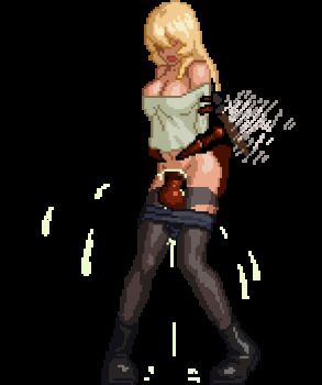 1girl animated animated_gif blonde_hair bouncing_breasts breasts cum cum_in_pussy cum_overflow hair_over_eyes large_breasts looping_animation lowres panties panty_pull parasite_in_city pixel_art sex source_request standing tagme transparent_background underwear