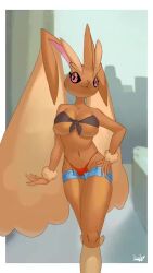 1girl :3 animal_nose animated arm_at_side artist_name bandeau bare_shoulders black_bandeau blinking blue_shorts blurry blurry_background body_fur border breasts brown_fur closed_mouth collarbone denim denim_shorts female_focus front-tie_top furry furry_female gen_4_pokemon groin half-closed_eyes hand_on_own_hip happy head_tilt highleg highleg_panties highres kipnitt large_breasts legs live2d long_animal_ears looking_to_the_side looping_animation lopunny mature_female micro_shorts navel nintendo open_fly open_mouth outside_border panties pink_eyes pokemon pokemon_(creature) rabbit_ears rabbit_girl red_panties short_shorts shorts skindentation smile solo standing stomach string_panties tagme thighs two-tone_fur unbuttoned underboob underwear video watermark white_border yellow_fur