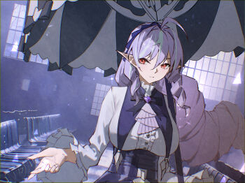 1girl 619345768 ahoge alternate_breast_size_(larger) ascot black_umbrella bow bowtie breast_curtains breasts center_frills closed_mouth collar commentary_request drill_hair drill_sidelocks frilled_collar frilled_sleeves frills gem hairband highres holding holding_umbrella indoors large_breasts long_hair looking_to_the_side pointy_ears purple_ascot purple_bow purple_bowtie purple_gemstone purple_hair purple_hairband red_eyes shrug_(clothing) sidelocks solo two-tone_umbrella umbrella upper_body vivian_banshee white_shrug white_umbrella wide_sleeves window zenless_zone_zero