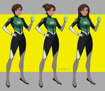 1girl artist_name bodysuit boots brown_hair closed_mouth dark-skinned_female dark_skin dc_comics full_body gloves glowing_ring green_lantern_(series) green_lantern_corps hand_on_own_hip highres instagram_username jessica_cruz kristian_acosta long_hair long_legs looking_at_viewer multicolored_bodysuit power_ring_(green_lantern) reference_sheet short_hair simple_background smile solo standing superhero_costume taut_bodysuit thighhighs variations white_boots