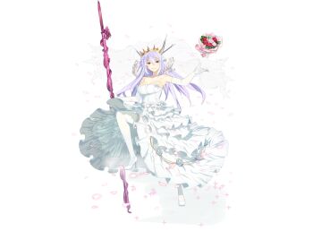 1girl bouquet breasts bridal_veil choukou_(alicesoft) choukou_taisen_escalation_heroines cleavage dress fafnir_siegfried_vii flower full_body grin highres holding holding_polearm holding_weapon koutei_no_nir large_breasts leg_up long_hair looking_at_viewer official_art on_stairs orion_(orionproject) polearm purple_hair red_eyes smile tiara veil weapon wedding_dress