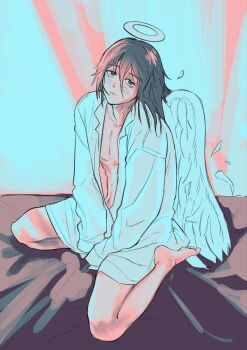 1boy angel angel_devil_(chainsaw_man) angel_wings bbong0bbong between_legs chainsaw_man closed_mouth collared_shirt hair_between_eyes halo hand_between_legs highres long_hair looking_at_viewer male_focus naked_shirt on_bed oversized_clothes oversized_shirt shirt sitting solo traditional_halo wariza white_shirt white_wings wings