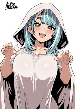 1girl :d absurdres blue_eyes blue_hair blush braid breasts claw_pose cleavage cloak collarbone fangs ghost_costume hands_up highres hood hood_up hooded_cloak iwano_kenta large_breasts looking_at_viewer medium_hair multicolored_hair open_mouth shiranami_ramune simple_background smile solo streaked_hair upper_body virtual_youtuber vspo! white_background white_hair