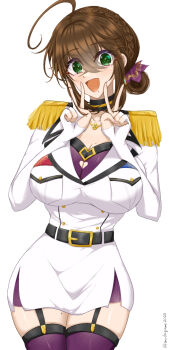 Rule 34 | 1girl, ahoge, black choker, bra, breast pocket, breasts, brown hair, chamumi (mochiumee), choker, cleavage cutout, clothing cutout, commentary request, double v, epaulettes, female admiral (kancolle), fingerless gloves, folded ponytail, garter belt, gloves, green eyes, heart cutout, jacket, kantai collection, large breasts, looking at viewer, military jacket, miniskirt, mole, mole on breast, mole on thigh, mole under mouth, pencil skirt, pleated skirt, pocket, simple background, skirt, smile, solo, thighhighs, underwear, v, white background, white gloves, white jacket