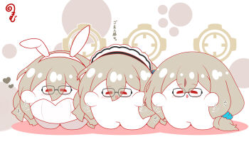 Rule 34 | :d, afterimage, akane (blue archive), akane (bunny) (blue archive), akane (school uniform) (blue archive), animal ears, black-framed eyewear, blue archive, blue scrunchie, blush, closed eyes, closed mouth, colored shadow, commentary request, eyes visible through hair, fake animal ears, glasses, hair between eyes, hair ornament, hair over eyes, hair scrunchie, hairband, halo, highres, kurukurumagical, leotard, maid headdress, open mouth, playboy bunny, rabbit ears, scrunchie, shadow, smile, standing, strapless, strapless leotard, translation request, white background, white hairband, white leotard
