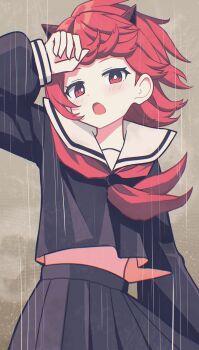 1girl :o absurdres arm_up black_serafuku black_shirt black_skirt blush bright_pupils brown_background brown_horns commentary_request cone_horns cowboy_shot highres horns kaie long_hair long_sleeves looking_at_viewer midriff_peek neckerchief open_mouth original pleated_skirt rain red_eyes red_hair red_neckerchief sailor_collar school_uniform serafuku shirt skirt solo white_pupils white_sailor_collar