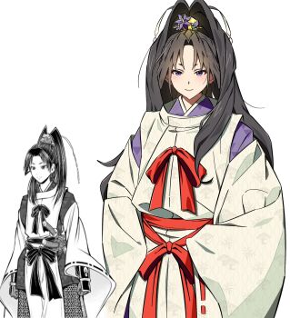 1boy black_hair bow closed_mouth commentary_request curtained_hair eyelashes flower furisode_sleeves high_ponytail highres hikobe_fubuki houjou_tokiyuki_(nige_jouzu_no_wakagimi) japanese_clothes kariginu kimono korean_commentary light_blush looking_at_viewer male_focus mitsu_uroko nige_jouzu_no_wakagimi parted_bangs patterned_clothing ponytail purple_eyes purple_flower purple_kimono red_bow red_sash reference_inset sash shide sidelocks_tied_back simple_background smile white_background