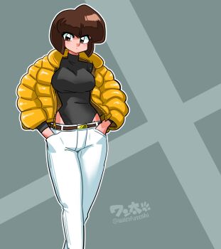 1girl artist_name belt belt_buckle black_leotard blunt_bangs blunt_ends blush bob_cut breasts brown_belt brown_eyes brown_hair buckle closed_mouth commentary denim dot_mouth down_jacket feet_out_of_frame green_background hands_in_pockets heattech_leotard highleg highleg_leotard highres hip_focus inverted_bob jacket jeans large_breasts leotard leotard_under_clothes light_blush long_sleeves looking_at_viewer open_clothes open_jacket outline pants ranma_1/2 short_hair signature solo tendou_nabiki turtleneck twitter_username unzipped walking wanta_(futoshi) white_outline white_pants yellow_jacket zipper