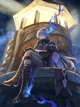 1boy antenna_hair artist_name black_boots black_capelet black_coat black_gloves blue_fire blue_hair boots capelet closed_mouth coat collared_capelet commentary_request crossed_bangs crossed_legs expressionless fire flins_(genshin_impact) from_below genshin_impact gloves gradient_hair grey_pants hair_between_eyes highres knee_boots lace-up_boots ladder long_hair long_sleeves looking_at_viewer male_focus multicolored_hair own_hands_together pants purple_shirt shirt sitting solo tanemaki_monaka thigh_strap tower twitter_username very_long_hair watermark yellow_eyes