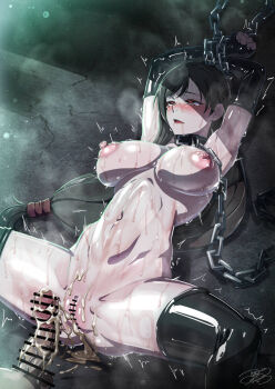 1boy 1girl after_rape aftersex ajula_wachula bar_censor black_gloves black_hair black_thighhighs breasts censored chain collar commission cum cum_overflow cumdrip deep_skin elbow_gloves final_fantasy final_fantasy_vii gloves hetero highres large_breasts long_hair low-tied_long_hair lying nipples nude on_back open_mouth penis pussy red_eyes restrained skeb_commission spread_legs tears thighhighs tifa_lockhart wet