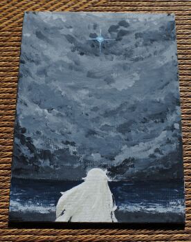 1girl cloud cloudy_sky commentary_request facing_away fate/grand_order fate_(series) from_behind highres horizon long_hair neon-tetora ocean olga_marie_animusphere photo_(medium) sky solo star_(sky) traditional_media upper_body very_long_hair water white_hair