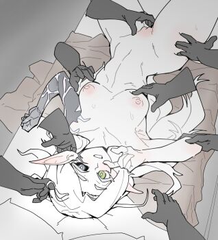 Rule 34 | 1girl, artist request, black sclera, blue eyes, breasts, colored sclera, commentary, completely nude, demonherd, disembodied hand, elf, english commentary, fingering, gloria (demonherd), green eyes, heterochromia, highres, long hair, looking at viewer, lying, medium breasts, mismatched sclera, nipples, nude, on back, pointy ears, poking another's breast, pussy, second-party source, solo, surrounded by hands, sweat, white hair