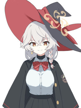 1girl black_jacket black_skirt blue_archive bow braid breasts closed_mouth collared_shirt commentary_request diagonal-striped_bow diagonal-striped_clothes earrings eri_(blue_archive) hair_between_eyes halo hat hat_ribbon jacket jewelry kuu002244 large_breasts long_hair looking_at_viewer orange_eyes orange_halo pleated_skirt red_bow red_ribbon ribbon shirt simple_background single_earring skirt smile striped_bow striped_clothes tilted_halo white_background white_hair white_shirt witch_hat