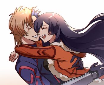 1boy 1girl black_hair breasts closed_eyes code_geass code_geass:_dakkan_no_roze hetero highres hug large_breasts long_hair open_mouth smile sumeragi_sakuya