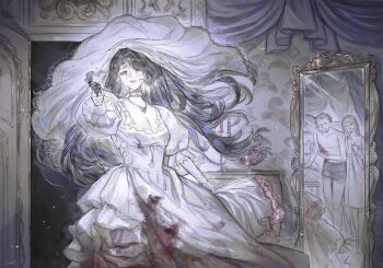 1boy 2girls 2others bed bedroom black_hair black_shorts blood blood_on_clothes breasts bridal_veil cleavage crying crying_with_eyes_open curtains dress feet_out_of_frame frilled_sleeves frills full_body gloves glowing gun gunshot_wound hand_on_own_stomach handgun highres holding holding_gun holding_weapon implied_cheating_(relationship) indoors jewelry layered_dress long_hair looking_at_viewer mei_mezu mirror multiple_girls multiple_others muted_color necklace nightgown open_door original pearl_necklace pointing pointing_at_viewer reflection shorts smoke smoke_trail tears veil very_long_hair weapon white_dress white_gloves