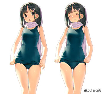 1girl black_hair blue_one-piece_swimsuit blush breasts closed_eyes closed_mouth commentary_request covered_navel fringe_trim grey_eyes hair_ornament hairclip koutaro medium_breasts multiple_views nose_blush old_school_swimsuit one-piece_swimsuit one_side_up original pink_scarf rabbit_hair_ornament scarf school_swimsuit simple_background swimsuit tan tanline twitter_username wavy_mouth white_background