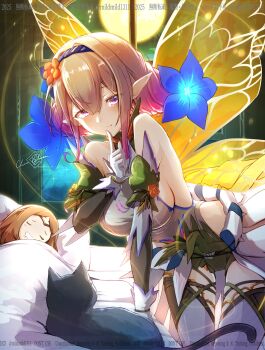 2girls absurdres bare_shoulders bed blonde_hair breasts butterfly_wings cat circlet clear_glass_(mildmild1311) closed_eyes closed_mouth detached_sleeves fairy fairy_wings female_kiran_(fire_emblem) finger_to_mouth fire_emblem fire_emblem_heroes flower full_moon gloves grey_leotard hair_flower hair_ornament highres indoors insect_wings kiran_(fire_emblem) large_breasts leotard looking_at_viewer moon multiple_girls night nintendo official_alternate_costume open_mouth overskirt peony_(cherished_dream)_(fire_emblem) peony_(fire_emblem) purple_eyes short_hair shushing sideboob sleeping smile solo_focus thighhighs thighs under_covers white_gloves white_thighhighs window wings