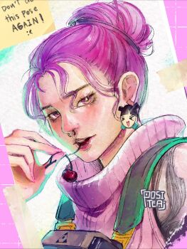 1girl backpack bag blush cherry cherry_stem colorful colorful_background earrings english_text face_piercing food fruit gyaru hair_bun hairband highres holding holding_cherry holding_food jewelry kaya_velasco lipstick looking_at_viewer makeup medium_hair nose_piercing nose_ring nova_(warframe) open_mouth parted_bangs photo_(object) piercing pink_background pink_eyes pink_hair pink_sweater portrait positea shiny_eyes signature solo sticky_note sweater tape technology turtleneck turtleneck_sweater warframe wavy_hair