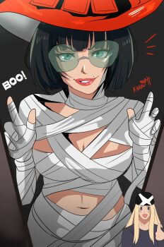 1boy 1girl absurdres artist_name axl_low black_hair blonde_hair breasts guilty_gear guilty_gear_strive halloween_costume hat highres i-no karbuitt long_hair looking_at_viewer mole mole_above_mouth mummy navel red_hat short_hair smile thumbs_up witch_hat