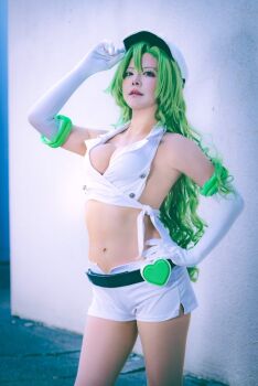 1girl belt bleach bleach:_sennen_kessen-hen breasts candice_catnipp candice_catnipp_(cosplay) cleavage cosplay cosplay_photo crop_top gloves green_eyes grey_hair hand_on_own_hip hat heart_belt japanese_(nationality) long_hair navel photo_(medium) quincy_(bleach) real_life shirt short_shorts shorts sternritter white_shirt white_shorts yuco8910