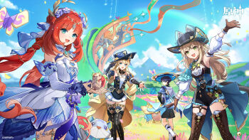 1boy 3girls :d aqua_eyes arm_up armpits bad_link bare_shoulders black_dress black_hat black_thighhighs cat_tail detached_sleeves dress genshin_impact halterneck hat highres kirara_(genshin_impact) kirara_(phantom_in_boots)_(genshin_impact) long_hair long_sleeves looking_at_viewer multiple_girls multiple_tails navia_(genshin_impact) nilou_(breeze_of_sabaa)_(genshin_impact) nilou_(genshin_impact) official_alternate_costume official_art official_wallpaper open_mouth red_hair scaramouche_(genshin_impact) smile tail thighhighs two_tails very_long_hair wanderer_(genshin_impact)
