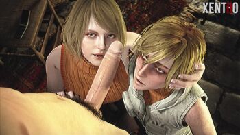 Rule 34 | 1boy, 2girls, 3d, after fellatio, animated, artist name, ashley graham, ashley graham (remake), assisted fellatio, bags under eyes, bare shoulders, blonde hair, brown eyes, capcom, crossover, feet out of frame, fellatio, female collaborator, ffm threesome, from above, green eyes, green skirt, group sex, hand on another's head, handjob, heather mason, hetero, jacket, kneeling, konami, lips, looking at another, looking at penis, looking down, looking to the side, looking up, looping animation, medium hair, multiple girls, naughty face, nose, open mouth, oral, orange sweater, penis, red eyes, resident evil, resident evil 4, resident evil 4 (remake), saliva, saliva trail, sexual coaching, short hair, sideways glance, silent hill (series), silent hill 3, skirt, slapping with penis, sleeveless, sleeveless jacket, sleeveless sweater, sound, source request, sweater, tagme, teeth, threesome, uncensored, upper body, upturned eyes, variant set, video, watermark, white jacket, xentho