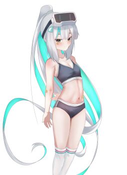 1girl absurdres aqua_hair arms_behind_back bandaid bandaid_on_arm bandaid_on_face bikini blue_bikini blunt_bangs blush breasts cleavage dot_nose elineumannart epinel_(nikke) expressionless feet_out_of_frame glowing glowing_hair goddess_of_victory:_nikke green_eyes green_hair grey_hair headgear high_ponytail highres long_hair looking_at_viewer multicolored_hair navel ponytail simple_background small_breasts solo sports_bikini standing star_(symbol) star_sticker sticker swimsuit thighhighs very_long_hair white_background white_thighhighs