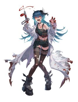 1girl absurdres aqua_hair artist_request belt_buckle bianca_(black_survival) black_choker black_claws black_footwear black_nails black_survival black_tank_top black_thighhighs blood blood_in_mouth blood_on_chest blood_on_clothes blood_on_face blood_on_hands blood_on_stomach blood_vial blue_eyeshadow blue_hair boxers breasts buckle choker claws collarbone crazy crazy_eyes crazy_smile cross-shaped_pupils cross_hair_ornament eyeshadow fingernails gem glaring glowing glowing_eyes hair_ornament highres hook knees_together_feet_apart leather_belt long_bangs long_eyelashes long_hair looking_at_viewer makeup male_underwear medium_breasts messy messy_hair midriff multicolored_hair navel needle official_alternate_costume open_mouth pale_skin pantyhose pendant_choker pigeon-toed platform_footwear projectile_blood puffy_sleeves red_eyes red_eyeshadow red_gemstone scissors sharp_fingernails shirt side_ahoge single_bare_shoulder single_off_shoulder skinny smile solo symbol-shaped_pupils tank_top thighhighs tongue tongue_out tool_belt torn_clothes torn_pantyhose torn_shirt torn_tank_top transparent_background tweezers two-tone_hair underwear vampire very_long_fingernails vial water_gun yellow_eyes