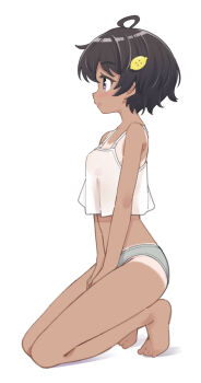 Rule 34 | 1girl, ahoge, barefoot, black hair, breasts, camisole, dark-skinned female, dark skin, food-themed hair ornament, from side, full body, grey panties, hair ornament, highres, k-go, kneeling, lemon hair ornament, make heroine ga oo sugiru!, panties, profile, purple eyes, short hair, sideways mouth, simple background, small breasts, solo, tan, tanline, underwear, underwear only, white background, white camisole, yakishio lemon