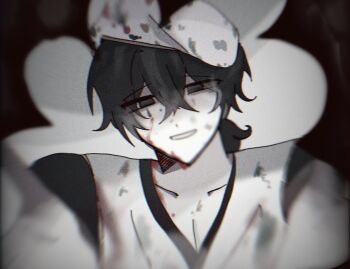 1boy :d apron beret black_eyes black_hair black_shirt blood blood_on_clothes blood_on_face blurry_edges collarbone crossed_bangs double-parted_bangs grin hat limbus_company looking_at_viewer looking_through_scope low_ponytail male_focus mruinery_110 open_mouth paint_stains ponytail project_moon reaching reaching_towards_viewer ring_(identity)_(project_moon) shirt smile solo teardrop_facial_mark white_apron yi_sang_(project_moon)
