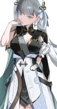 Rule 34 | 1girl, absurdres, black collar, black dress, breasts, bright pupils, coat, collar, colored eyelashes, commentary, cowboy shot, dress, earrings, grey eyes, grey hair, hair rings, hand up, highres, jewelry, jinhsi (wuthering waves), long hair, looking at viewer, medium breasts, mole, mole on cheek, mole on thigh, parted lips, seueo, solo, white coat, white pupils, wuthering waves