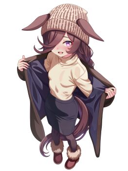 1girl absurdres animal_ears beanie black_pantyhose black_skirt blush boots brown_boots brown_coat brown_hair brown_sweater coat commentary_request ears_through_headwear flipped_hair fur-trimmed_boots fur_trim hair_over_one_eye hat highres hokuyukis horse_ears horse_girl horse_tail long_hair looking_at_viewer open_clothes open_coat open_mouth pantyhose purple_eyes rice_shower_(umamusume) simple_background skirt smile solo sweater tail umamusume white_background