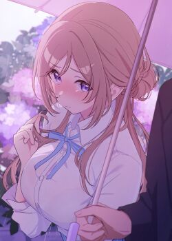 1boy 1girl absurdres blue_eyes blue_ribbon blurry blurry_background blush bra_visible_through_clothes breasts brown_hair closed_mouth collared_shirt commentary_request flower gakuen_idolmaster hair_bun hatsuboshi_gakuen_school_uniform hetero highres himesaki_rinami holding holding_umbrella hydrangea idolmaster kirizuki_reika large_breasts long_hair long_sleeves neck_ribbon nose_blush out_of_frame outdoors playing_with_own_hair producer_(idolmaster) rain ribbon school_uniform see-through_clothes see-through_shirt shared_umbrella shirt shy single_hair_bun twirling_hair umbrella white_shirt