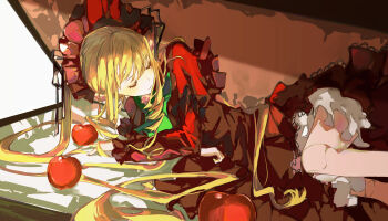 1girl apple blonde_hair bloomers bonnet bow bowtie briefcase closed_eyes closed_mouth doll_joints dress drill_hair drill_sidelocks duplicate expressionless feet_out_of_frame food frilled_dress frilled_sleeves frills fruit green_bow green_bowtie hashtag-only_commentary highres joints lolita_fashion long_hair long_sleeves pixel-perfect_duplicate red_bonnet red_dress rozen_maiden shinku shru_(ss_sl99) sidelocks solo twintails underwear white_bloomers