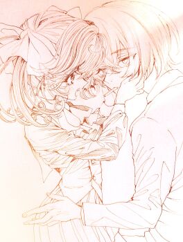 Rule 34 | 1boy, 1girl, aya carmine, bow, cigarette, commentary request, expressionless, eye contact, formal clothes, hair bow, hands on another's face, highres, hitomi hirosuke (sayonara wo oshiete), looking at another, millipen (medium), monochrome, nib pen (medium), open mouth, pen (medium), sayonara wo oshiete, school uniform, skirt, suit, tamachi mahiru, traditional media, twintails, vest