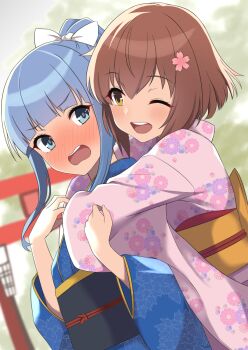 2girls blue_eyes blue_hair blue_kimono blush brown_eyes brown_hair cherry_blossoms commentary_request floral_print floral_print_kimono flower hair_flower hair_ornament hatsukaze_(kancolle) highres hug japanese_clothes kantai_collection kimono long_hair multiple_girls nose_blush obi one_eye_closed pink_kimono piyobomu ponytail print_kimono sash short_hair sidelocks wide_sleeves yukikaze_(kancolle) yukikaze_kai_ni_(kancolle)