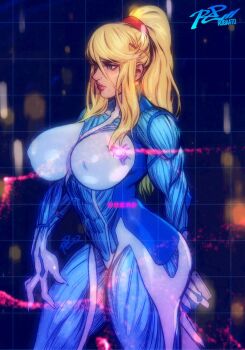 1girl abs artist_name blonde_hair blue_eyes bodysuit breasts commentary covered_erect_nipples cowboy_shot english_commentary fingernails hair_between_eyes hair_ornament hair_tie hairclip highres huge_breasts impossible_bodysuit impossible_clothes long_hair metroid mole mole_under_mouth muscular muscular_arms muscular_female muscular_legs nintendo pink_lips ponytail robaato samus_aran sharp_fingernails signature solo thick_thighs thighs zero_suit