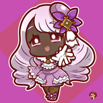 1girl absurdres bright_pupils chibi chibi_only commentary_request dark-skinned_female dark_skin dress eyelashes fascinator fishnet_pantyhose fishnets flat_color frilled_dress frilled_sleeves frills full_body haru_sa_ku_ra highres jacinthe_(pokemon) jewelry long_hair long_sleeves mega_stone nintendo open_mouth outline outstretched_arm pantyhose pokemon pokemon_legends:_z-a purple_dress purple_eyes purple_hair purple_shoes reaching reaching_towards_viewer ring shoes smile solo very_dark_skin white_outline white_pupils