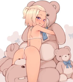 1girl ass bikini blush commentary doll hugging_doll ear_piercing feet_out_of_frame female_focus flat_chest forehead from_behind gyaru highres leaning_forward licking_lips loli looking_at_viewer looking_back medium_hair micro_bikini nona_(yeun) hugging_object original panties piercing purple_eyes pussy pussy_peek sexually_suggestive simple_background solo stuffed_animal stuffed_toy swimsuit tan tanline teddy_bear thighs tongue tongue_out underwear white_background white_panties yeun