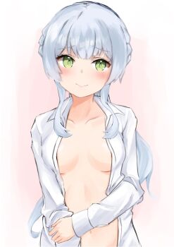 1girl blush braid breasts closed_mouth collarbone collared_shirt gradient_background green_eyes highres kashiwagi_saki kinakollll long_hair long_sleeves looking_at_viewer naked_shirt ongeki open_clothes open_shirt pink_background shirt small_breasts smile solo white_shirt