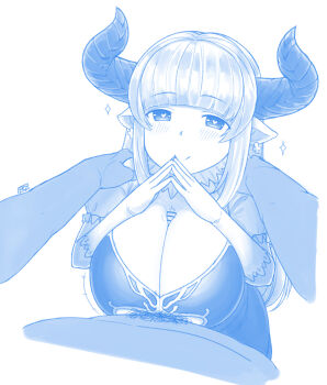 1boy 1girl alicia_(granblue_fantasy) bar_censor blush breasts censored cleavage closed_mouth draph earrings ekz_(robotekz) elbow_gloves gloves granblue_fantasy heart heart-shaped_pupils highres horns huge_breasts jewelry large_breasts looking_at_viewer mature_female monochrome motherly paizuri pov simple_background smile symbol-shaped_pupils white_background