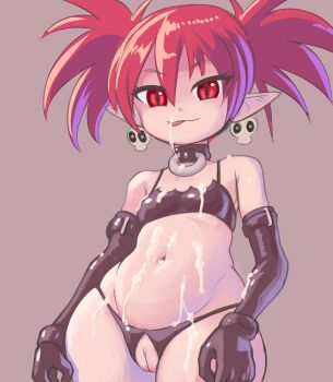 1girl :p absurdres blush bra breasts clothing_cutout crotch_cutout cum cum_on_body cum_on_lower_body cum_on_upper_body demon_girl disgaea earrings elbow_gloves etna_(disgaea) facial female_focus gloves highres jewelry licking licking_cum loli looking_at_viewer navel pointy_ears profitwalrus pussy red_eyes red_hair skull_earrings small_breasts smile solo standing stomach thighs thong tongue tongue_out twintails underwear