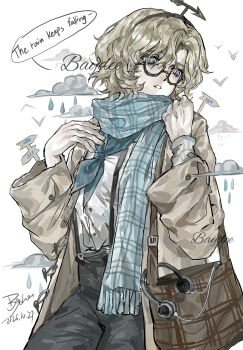 1girl bag baydee black-framed_eyewear black_pants blonde_hair blue_eyes blue_neckerchief blue_scarf brown_bag chinese_commentary cloud coat commentary_request cowboy_shot curtained_hair dated english_text hands_up headphones highres identity_v long_sleeves neckerchief open_mouth pants rain scarf semi-rimless_eyewear short_hair shoulder_bag signature solo suspender_pants sweater teeth unworn_headphones wavy_hair weather_vane wendy_foote white_background white_sweater yellow_coat