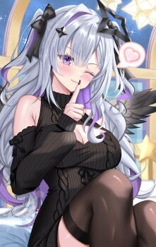 1girl amane_konata angel angel_wings aran_sweater armpit_crease black_nails black_sweater black_thighhighs blush bow breasts cable_knit cleavage cleavage_cutout clothing_cutout colored_inner_hair commentary_request double-parted_bangs erin_(sherryseraph) eyelashes feathered_wings fine_fabric_emphasis finger_to_mouth fingernails grey_hair hair_bow heart highres hololive knees_up large_breasts lips long_hair long_sleeves looking_at_viewer multicolored_hair one_eye_closed purple_eyes purple_hair ribbed_sweater shoulder_cutout shuriken_hair_ornament shushing single_hair_intake sitting solo spoken_heart streaked_hair sweater thighhighs turtleneck turtleneck_sweater two_side_up virgin_killer_sweater virtual_youtuber wings