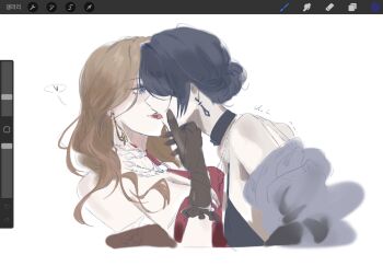 2girls art_program_in_frame bare_shoulders black_dress black_gloves black_hair blue_eyes breasts brown_hair character_request chief_(path_to_nowhere) choryu_desu cleavage commentary_request dress earrings female_chief_(path_to_nowhere) gloves hair_bun heart highres jewelry korean_commentary long_hair multiple_girls necklace off_shoulder path_to_nowhere red_dress red_lips spoken_heart tongue tongue_out yuri