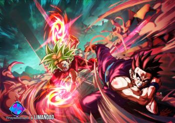 1boy 1girl black_eyes black_hair blood blue_eyes dougi dragon_ball dragon_ball_super fighting fighting_stance green_hair kefla_(dragon_ball) kicking muscular muscular_female muscular_male nosebleed scratches son_gohan super_saiyan tagme thick_thighs thighs torn_clothes tournament_of_power ultimate_gohan