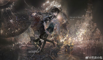 Rule 34 | 2boys, absurdres, ascot, black boots, black hair, black robe, blonde hair, blood, blood on clothes, blue eyes, blue ribbon, boots, borrowed character, chandelier, chinese commentary, commentary request, commission, dancing, dated, from side, full body, godwin plessis (sunrisearcqed), green shorts, grey veil, hair between eyes, hand on another's head, high-waist shorts, highres, lace-trimmed veil, lace trim, lao gai xiao bao, long hair, long sleeves, looking at another, low ponytail, male focus, mihuashi commission, multiple boys, original, parted lips, ponytail, profile, ribbon, robe, sample watermark, shared veil, shirt, short hair, shorts, standing, standing on one leg, thigh boots, veil, very long hair, watermark, weibo watermark, white ascot, white shirt, winston de plessis (sunrisearcqed), yellow eyes