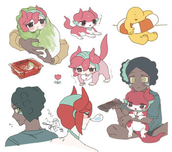 1boy 1girl absurdres aged_down all_fours baby child closed_eyes closed_mouth controller creature dark-skinned_male dark_skin dragon dragon_horns dragon_tail full_body green_eyes green_hair hand_up highres holding holding_remote_control horns looking_at_another multiple_views nose_bubble original red_hair remote_control sakoku_(oyatsu3ji_) shin_(sakoku_(oyatsu3ji_)) short_hair simple_background sitting tail very_short_hair white_background