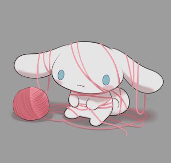 :3 animal animal_focus blue_eyes blush_stickers cinnamoroll curled_tail dog fuwa_fuwa_cinnamoroll grey_background highres no_humans reimentyuru sanrio simple_background sitting smile solo white_dog white_fur yarn yarn_ball